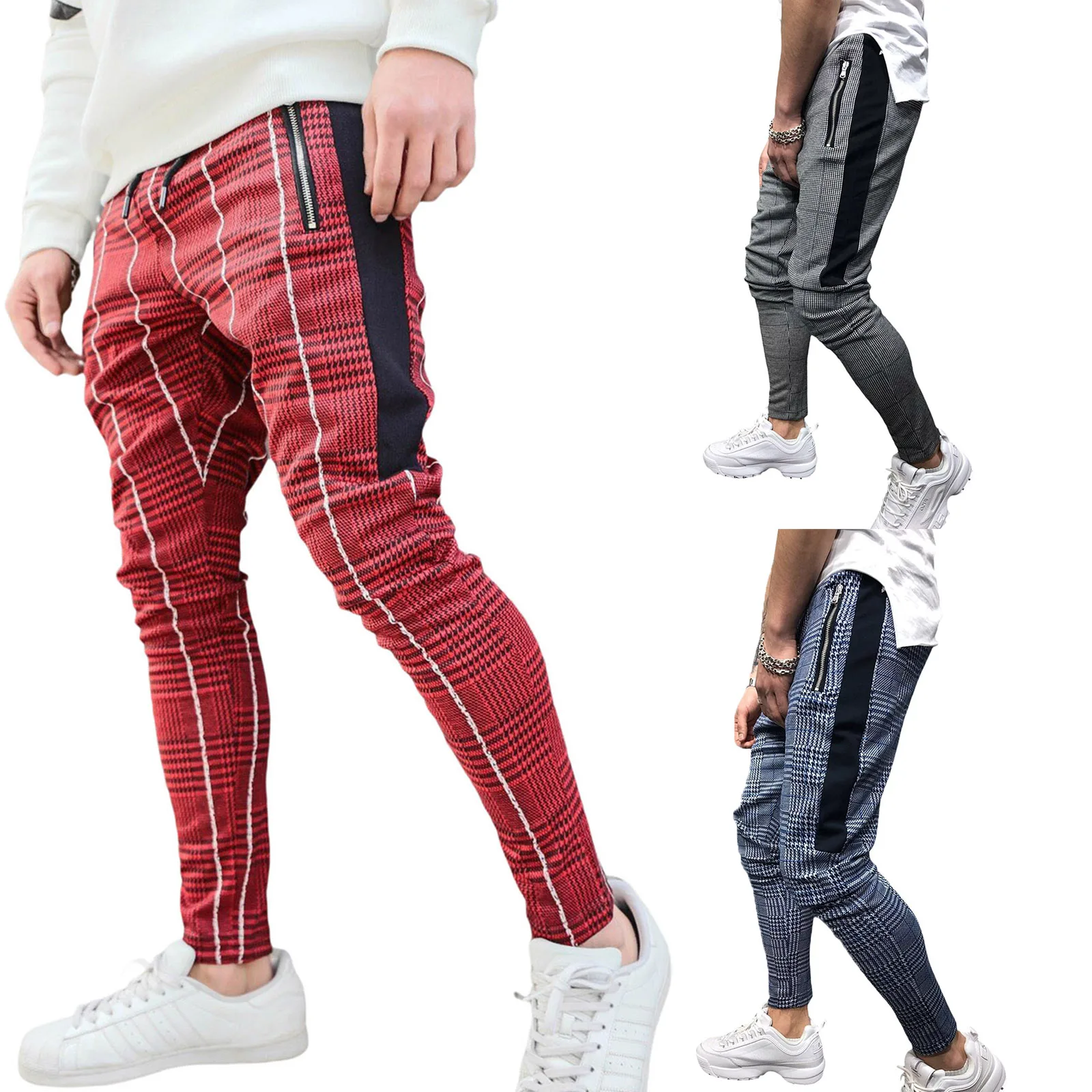 

Men’s plus Size Casual Pants Fashion Plaid Stitching Mid Waist Beam Feet Trousers with Pocket New Style 2021