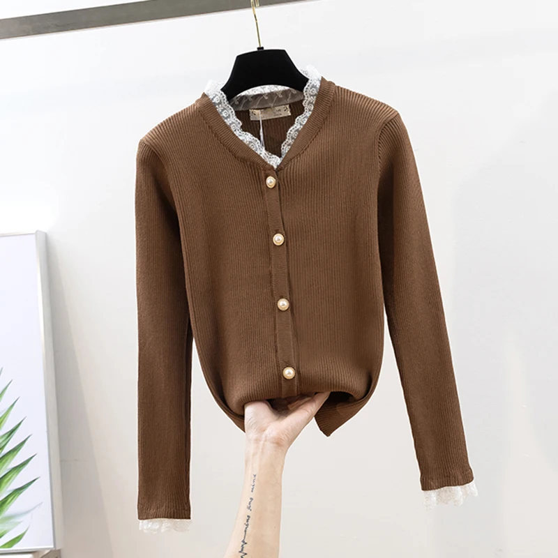 Женский кружевной кардиган свитер с v-образным вырезом и жемчужными пуговицами