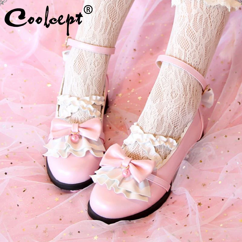 

Туфли CoolCept для девушек Лолита женские весенние туфли с бантом на лодыжке Милая Кружевная женская обувь с круглым носком Размер 34-40