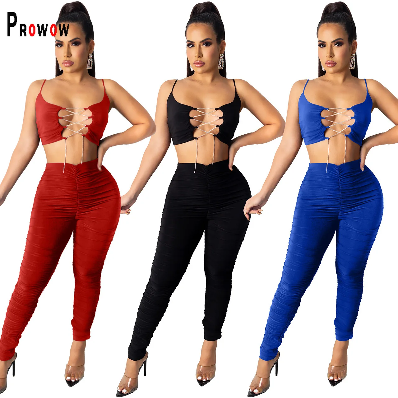 

Prowow для женщин из двух частей в комплекте с набором подходящих сумочек сексуальный бандажный корсет Топы складки брюки; Сезон весна-лето; Дл...