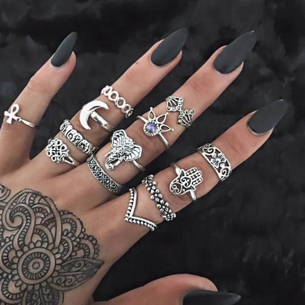 

14 Pcs / Set Bohemian Hollow Carved Crystal Ring Retro Water Drop Flower Sunflower Moon Sun Ring 2021 Fashion Jewelry for Women