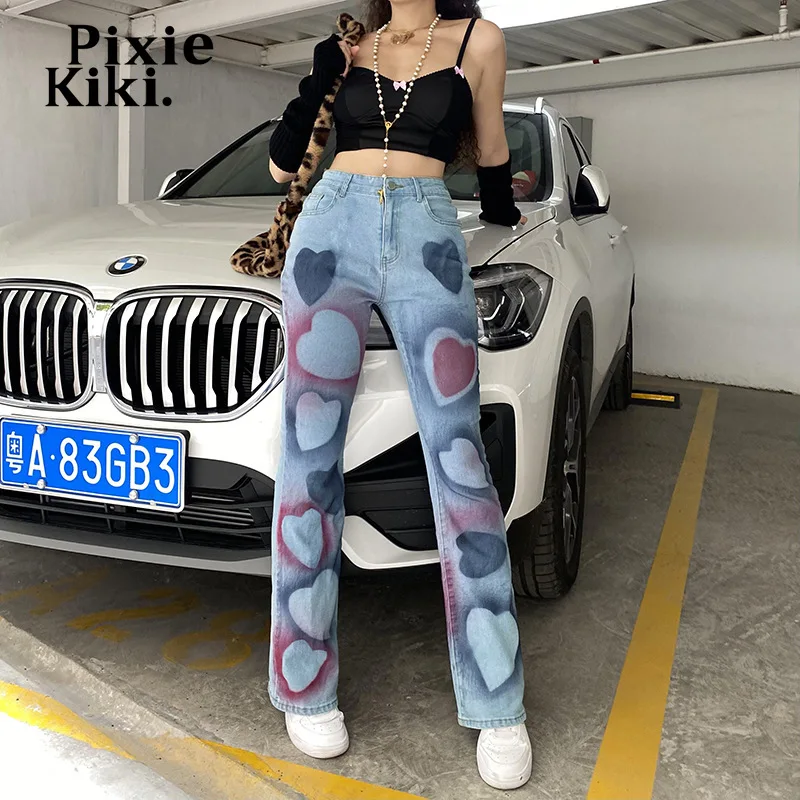 

PixieKiki Heart Patterned Jeans Woman Y2k Aesthetic Denim Trousers Vintage Streetwear Women Clothing Straight Leg Pants P67-EC45