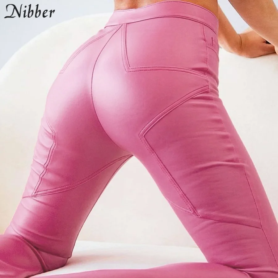 

Nibber Autumn New Fashion Long Pants Solid Color Zipper Slim Design PU Leather Motorcycle Street Style Female Daily Clubwear