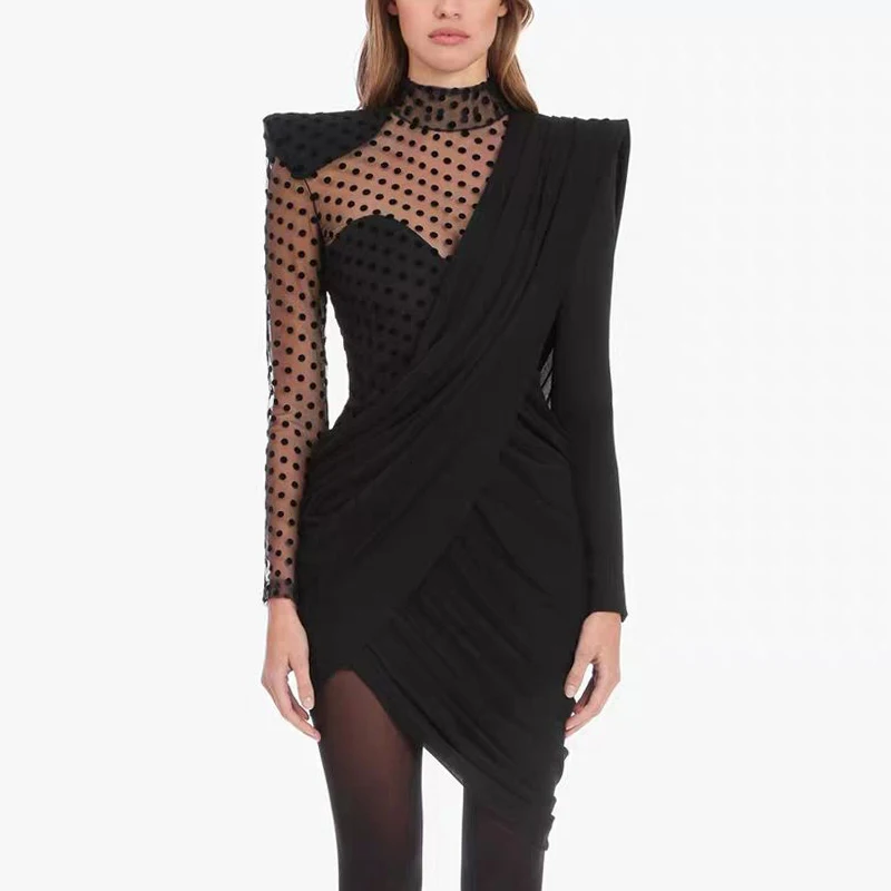 Сетчатое платье в горошек асимметричное пикантное Прозрачное с высокой талией и