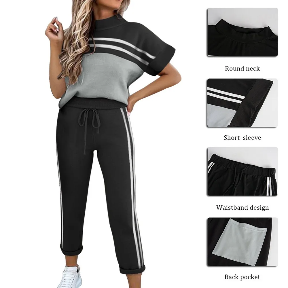 

Women Summer Casual Loose 2 Piece Set Side Stripes Drawstring Design Pockets Decor Mid Waist Long Pants+O-Neck Short Sleeve Top