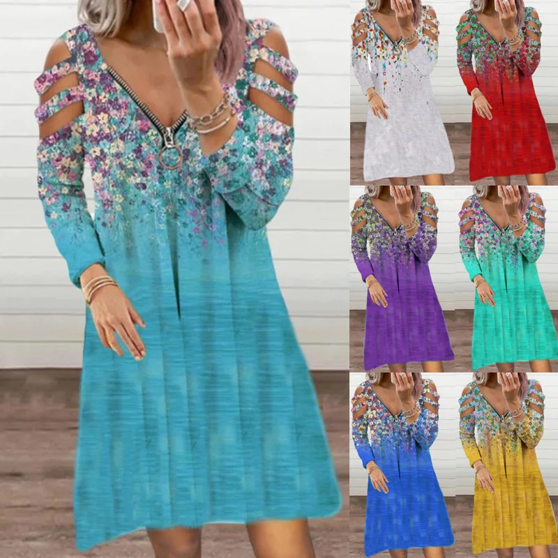 

Spring And Autumn New Women's Fashion Sexy Zipper V Neck Strapless Mid Dress 2021 Casual Long Sleeve Flower Print Ladies Dresses