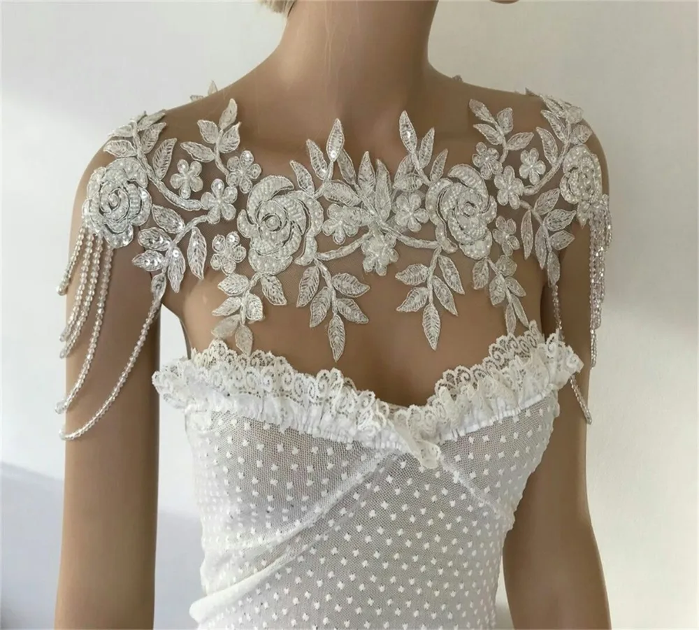 

Lace Beading Wedding Jacket White Ivory Crystal Bridal Bolero Jackets Jewel Neck Appliques Wedding Wrap