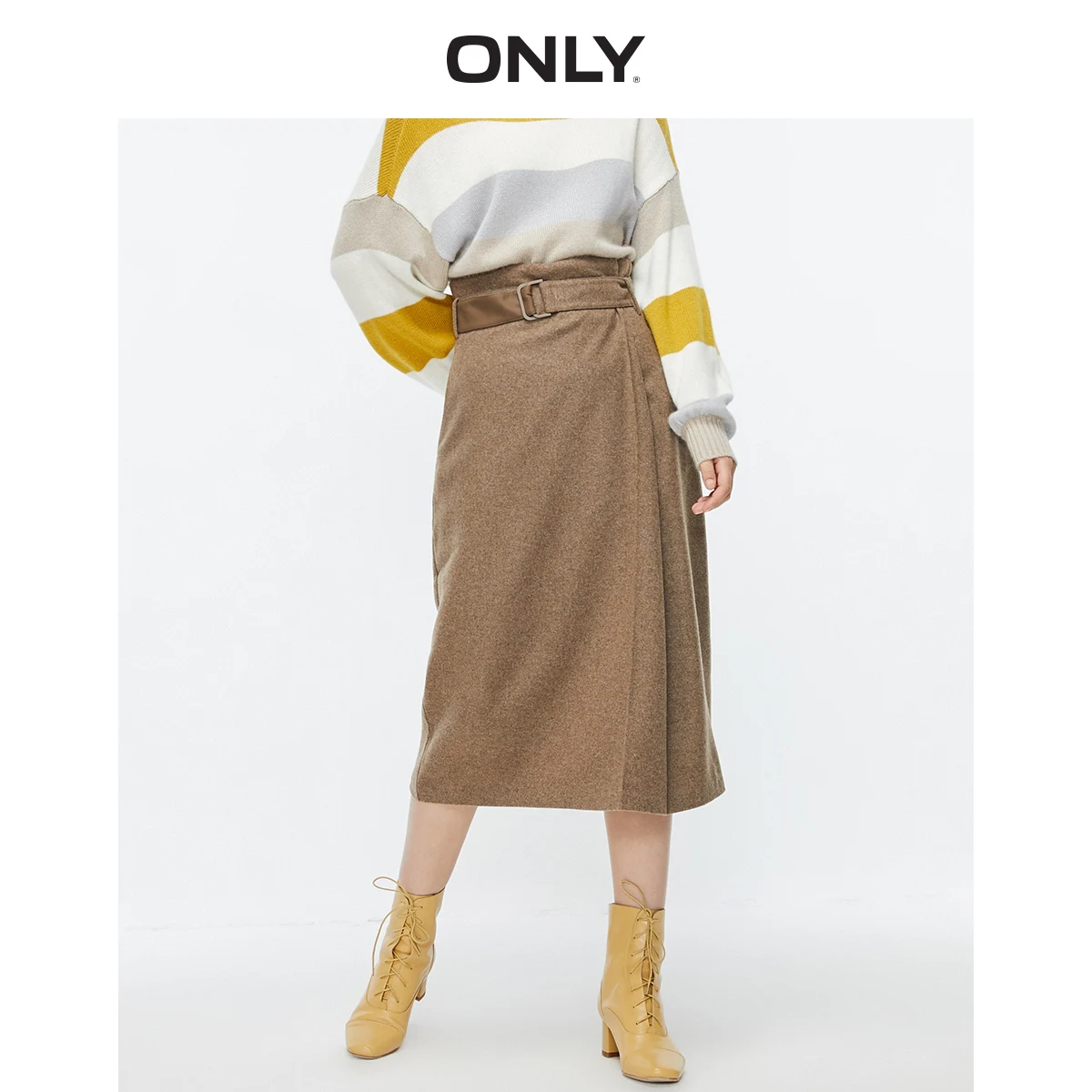 

ONLY Women's Fashionable retro brown high waist slimming woolen skirt | 119416506
