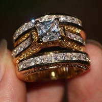 3 piecesset rings princess cut filled gold silver color wedding band ring set 3d round rhinestone rings for women