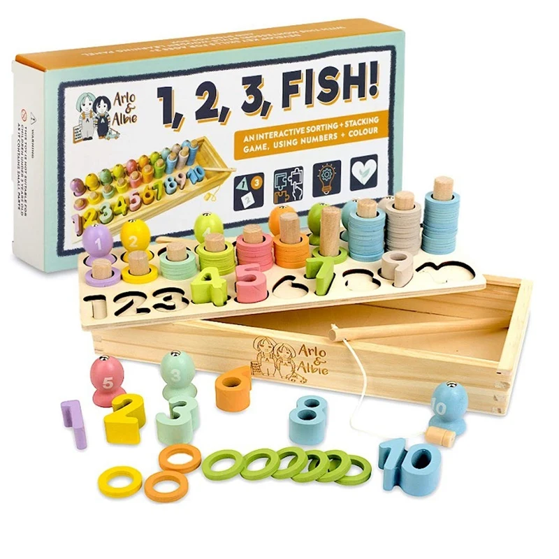 

Wooden Fishing Toy Children's Preschool Educational Board Game Counting Stacking Colour Sorting Learning Toys