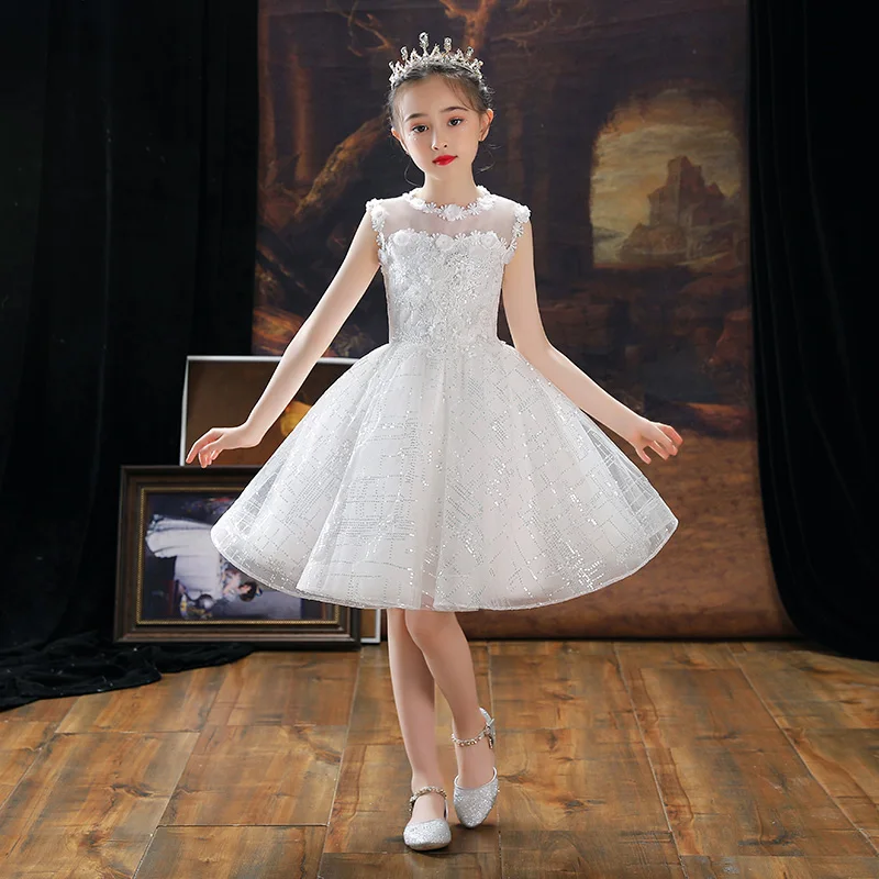 

Puffy Princess White Flower Girl Dresses For Wedding Elegant Sleeveless Appliques Sequin Lace Tulle Short Kids Evening Dresses