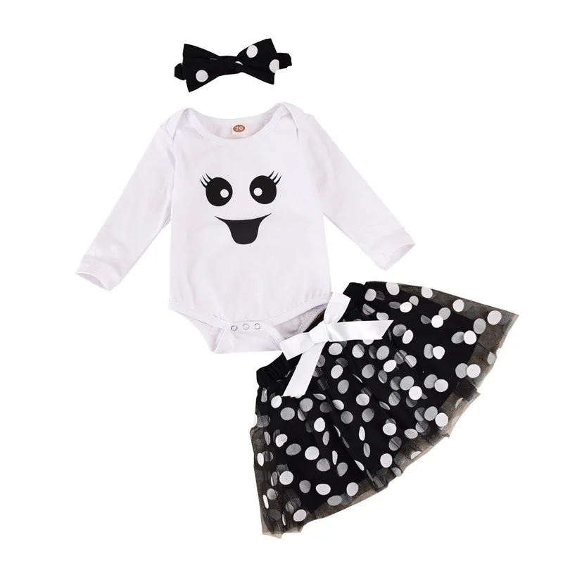 

2021 New Infant Newborn Baby Girls Halloween Costumes Cute Print Romper Bowknot Headband Polka Dot Tutu Skirts Clothes Set 3-24M