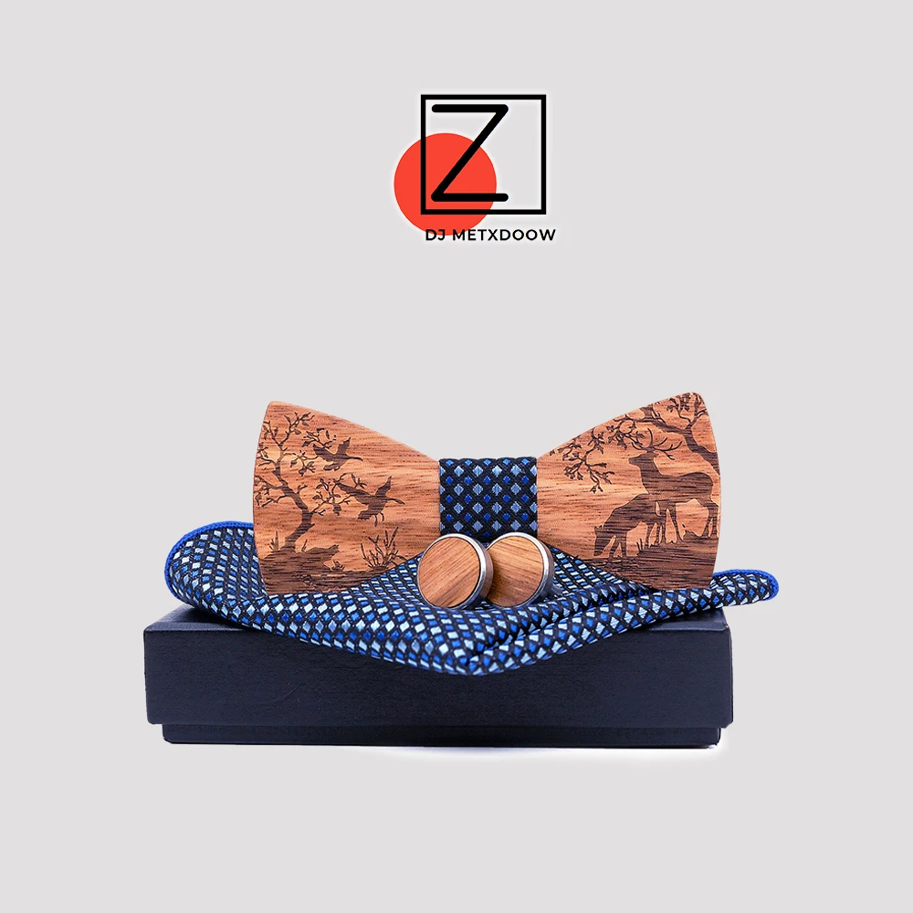 

Wood Bowtie+Handkerchief+Cufflinks Sets Marriage Groom Wooden Bowknots Gravatas Para Home Wedding Christmas elk Neck Ties