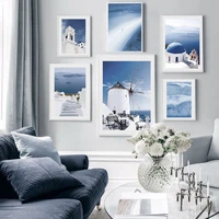 white church building canvas painting blue ocean boats wall art nordic posters and prints wall pictures for living room decor