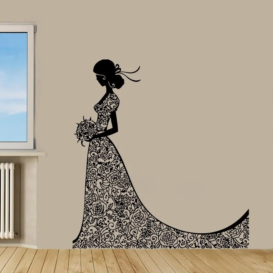 

Girl Vinyl Wall Decal Bride Beauty Sticker Fashion Wedding Dress Beauty Salon Home Art Decor Mural Poster Paper WW-317