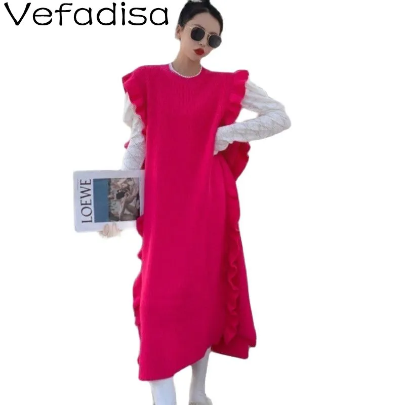 

Модное платье-свитер Vefadisa с деревянными ушками, модель сезона осень-зима 2022 года, плотное однотонное платье-свитер средней длины, TT1055