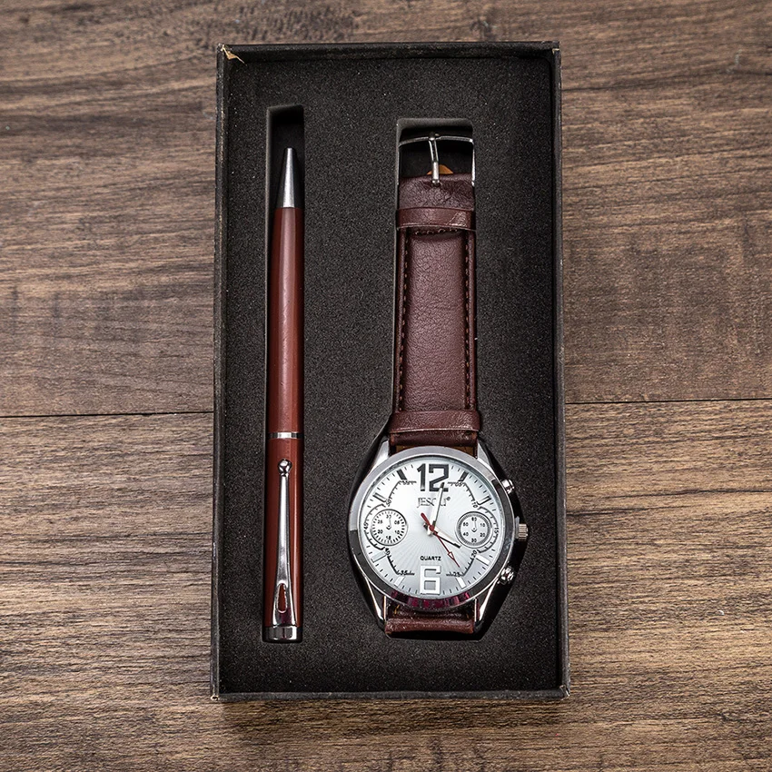 Мужские часы подарочный набор с коробкой кожаный ремешок кварцевые наручные