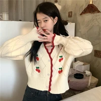 korean sweet v neck puff sleeve top sweater coat autum winter cherry embroidered cardigans sweaters fashion loose sweaters women