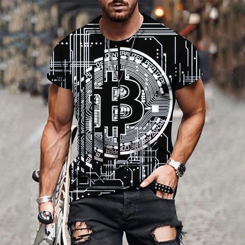 

Men's T-shirts Slim Round Neck Casual All-Match Oversize T-shirts Streetwear Fashion Bitcoin 3D Print Short Sleeve T-shirts Tops