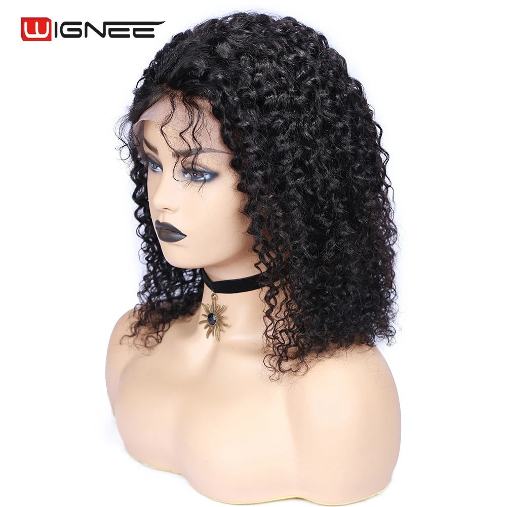 Wignee 13x4 Синтетические волосы на кружеве Remy бразильские человеческие волосы парики с детскими волосами для черный/белый Для женщин предварительно выщипанные волосы африканские Курчавые Кудрявые Парики из натуральных волос