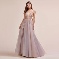 women couture long bead strap tulle gown sexy v neck spaghetti straps sequins crystals evening dresses long prom dress slit gown