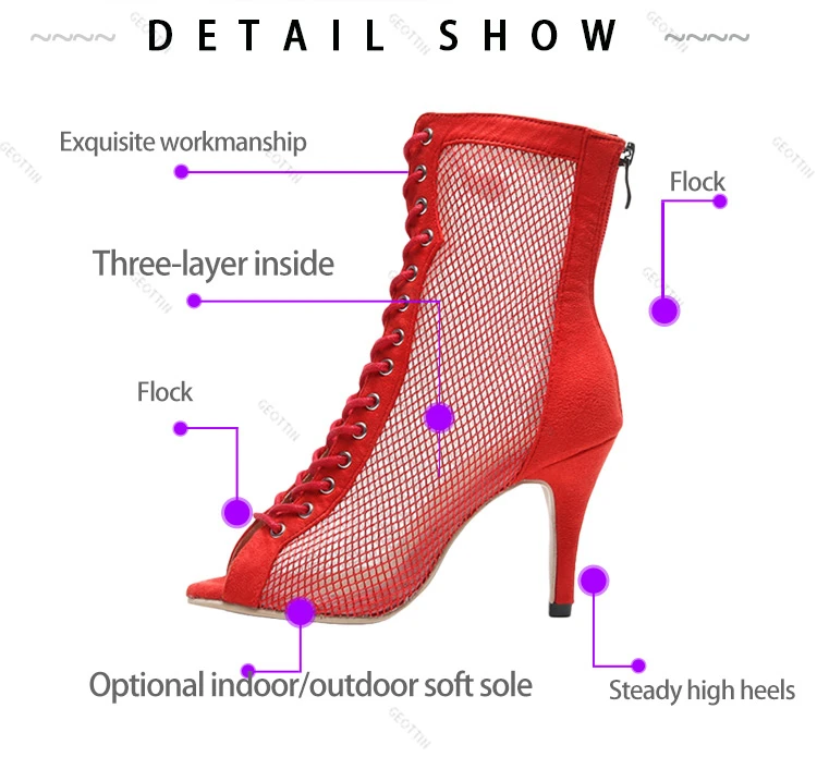 Outdoor Salsa Tango Ballroom Social Buty Latino Dance Shoes Women 2020 Pole Heels Red Shoelace Latin Dancing Net Red Women Boots