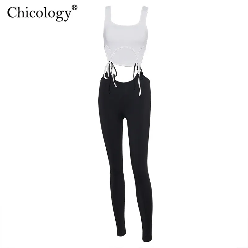 

Chicology lace up patchwork hollow out jumpsuit long pants women sleeveless 2020 summer fashion streetwear sexy bodycon clothes