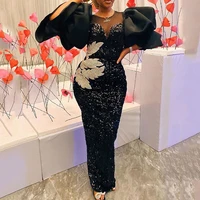 classy sequin black dresses for women puff sleeve embroidery long party dress celebrity birthday chest wrapped ladies dress