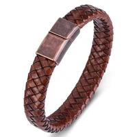 vintage jewelry brown braided leather bracelet for men stainless steel magnet clasp simple handmade bangles male wrist band p171