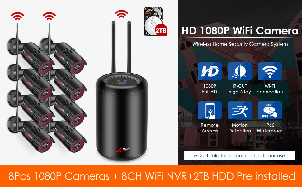 ANRAN1080P HD Wi-Fi камера системы безопасности 2MP 8 CH NVR набор беспроводная домашняя камера видеонаблюдения система в помещении и на открытом воздухе IP камера