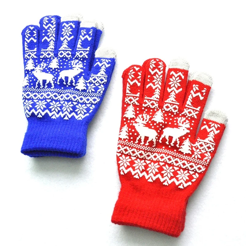

6 Pairs Winter Keep Warm Knitting Mittens Christmas Elk Gloves Men Women Wool Knit Plus Velvet Christmas Snowflake Glove