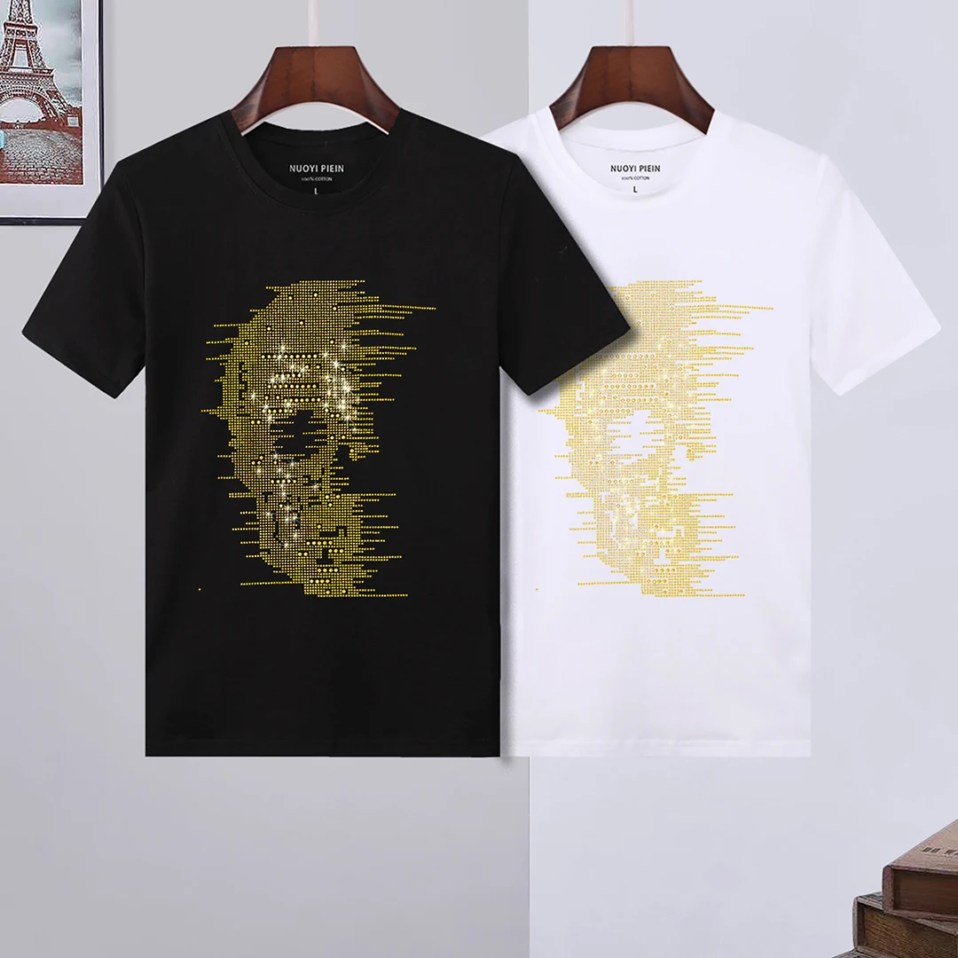 

100% cotton men's tshirt oversized maker skull rhinestone streetwear round neck plein short sleeve men's summer 2021 new