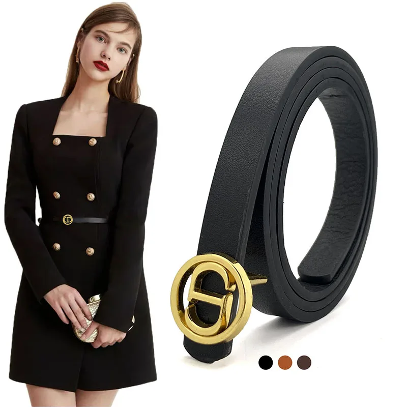 

Fashion Women Leather High Quality Belts Luxury Brand Thin Waist Strap Design Gold Buckle Female Black Waistband With Jeans
