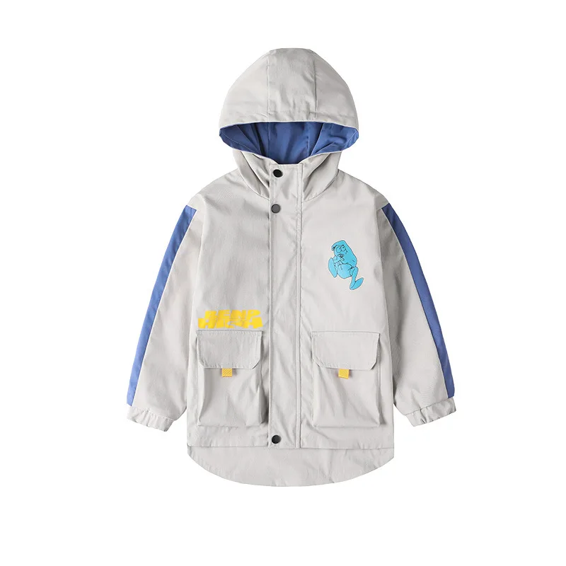 

Korean Children Boys Cartoon Coats Spring Autumn Teenage Hooded Jackets Fashion Children Beige Outwear Sport Tops 4 8 12 14 Year