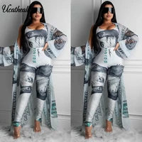 womens casual dollars printed cardigan 2 pieces set suit trumpet sleeve wiped kimono loose bodysuit trousers two piece suits