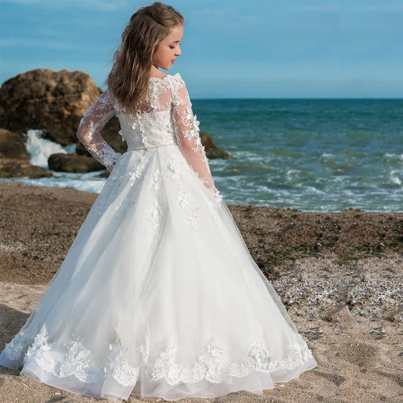 

Elegant Flower Girl Dresses for Wedding Organza Appliques Scoop Neck First Communion Dresses Pearls Kids Wedding Party Ball Gown