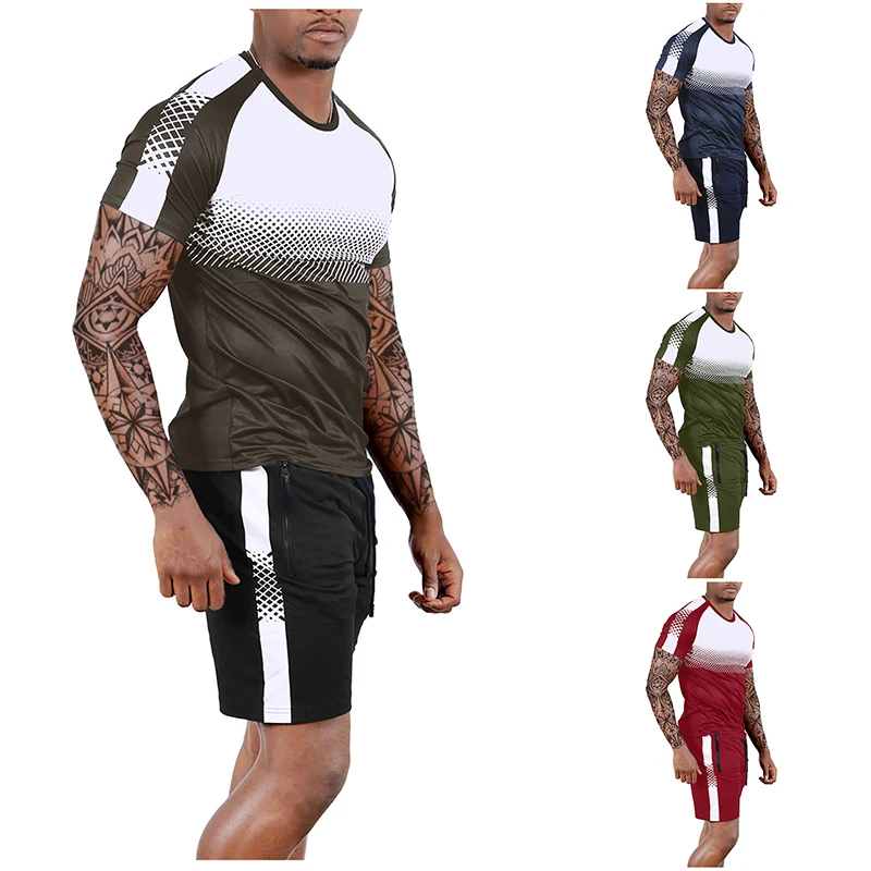 

Gradient Sportswear Men Summer Print Short Sleeved T-shirt Shorts Casual Set Fitness Running Sports Sets Mens Thin Tracksuit
