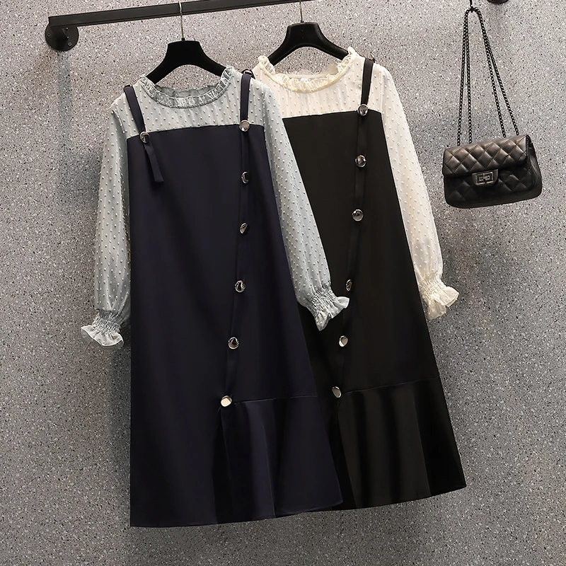 

4XL Plus Size Women Loose Casual Ruffle Dress Spring 2021 Jacquard Chiffon Long Sleeve Patchwork Fake Two Piece Ladies Dresses