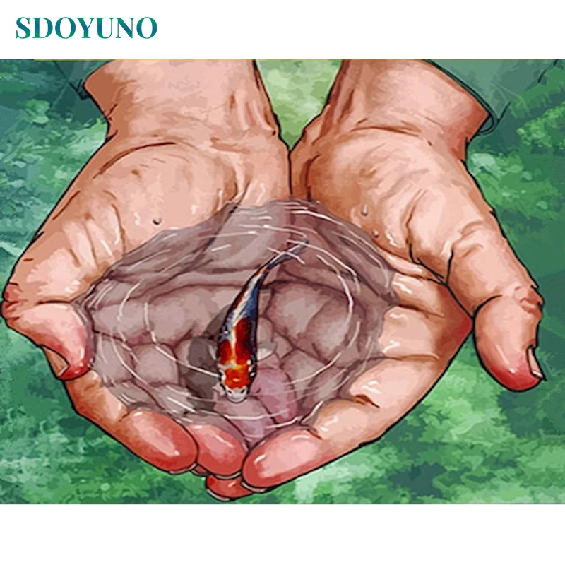 

SDOYUNO Acrylic Paint By Numbers Kits Fish On the Hand DIY 60x75cm Oil Painting By Numbers On Canvas Frameless Handpaint Decor