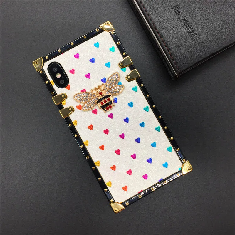 Роскошный чехол для телефона с Пчелой для iPhone 11 Pro X XR XS Max 8 7 Plus, квадратная Лазерная крышка с сердцем для samsung Galaxy S9 S10 Plus Note 10 Pro - Цвет: White2