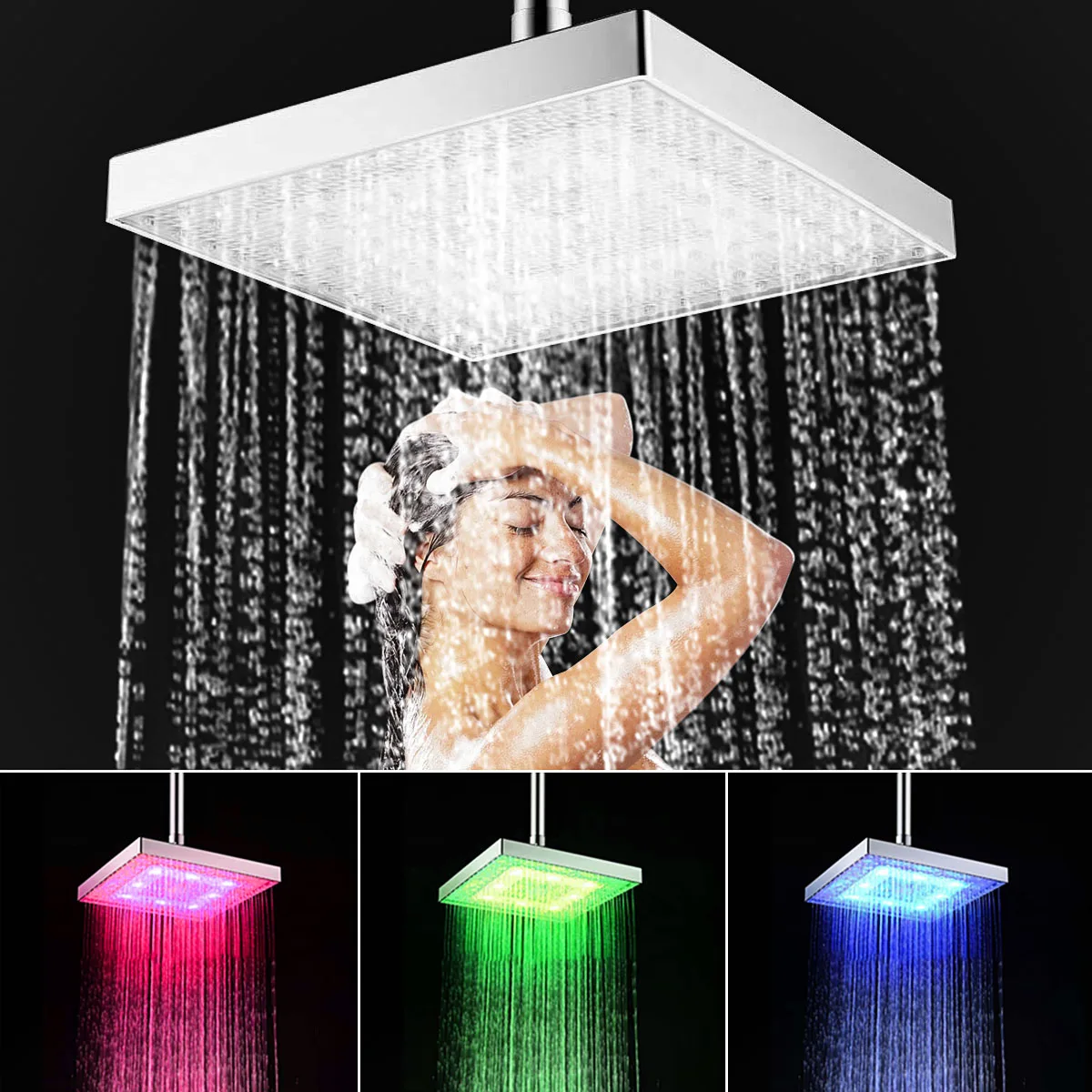 

8 Inch Chrome Rainfall LED Shower Head 7 Colors Changing Temperature Controlled High-Pressure Bathroom Shower Head