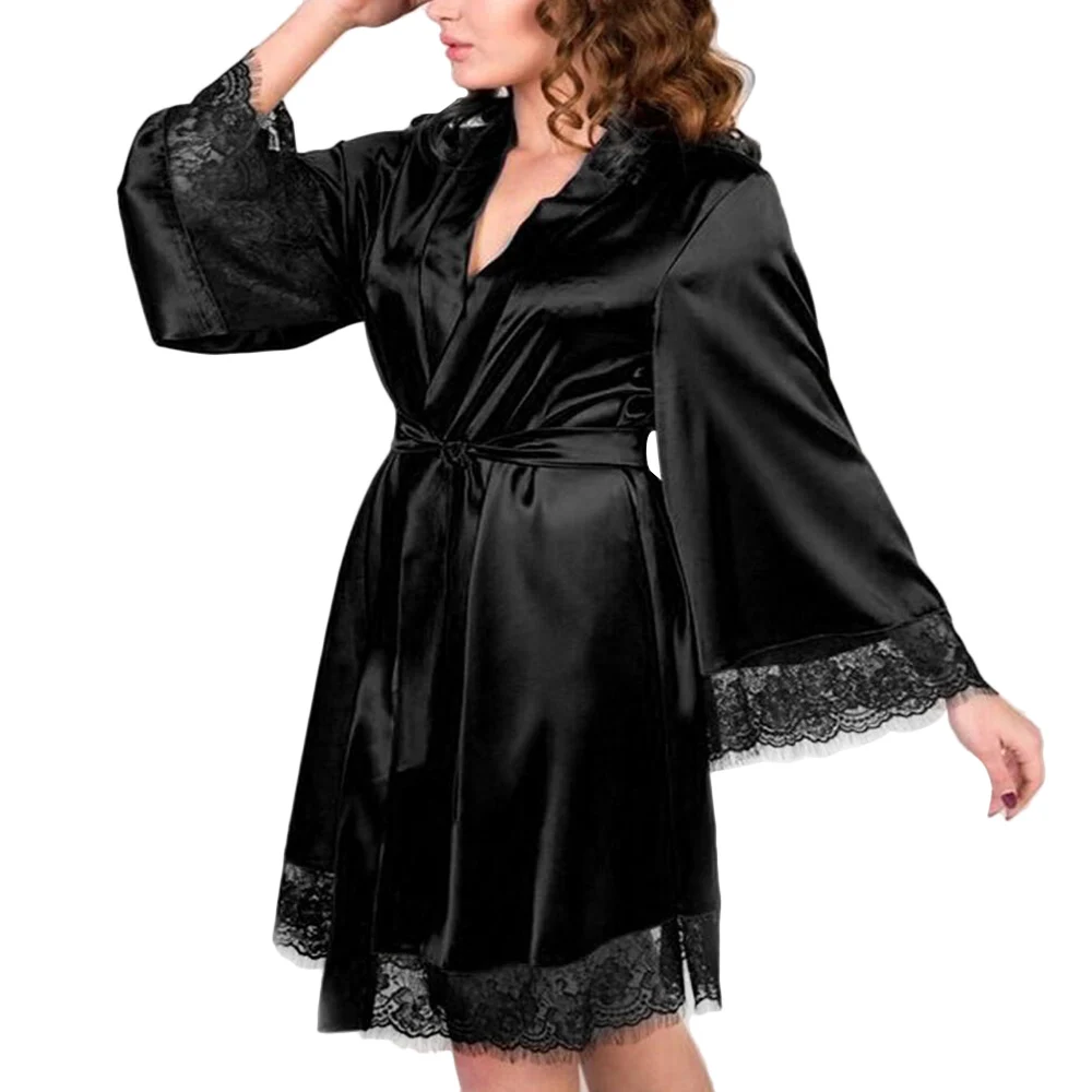Ночная рубашка Женская длинная атласный Шелковый кружевной халат для подружки