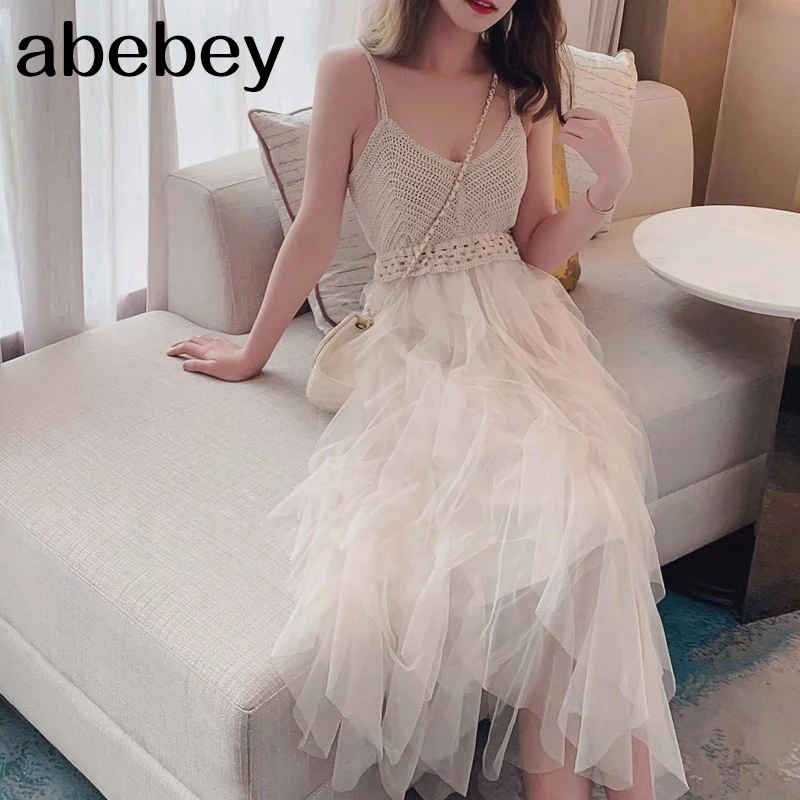 

Lace Party Dress Solid Ruffles Knitting Patchwork Women Spaghetti Strap Dress 2021 Mesh Backless V-neck Long Dress Vestidos