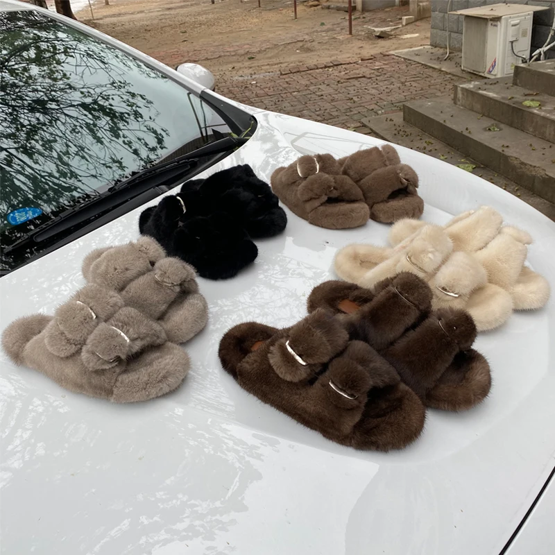 

Fur Slippers Ladies Summer Fluffy Mink Fur Slippers 100% Mink Fur Slippers Ladies Sandals 2021 Home Slippers Girls Outdoor #