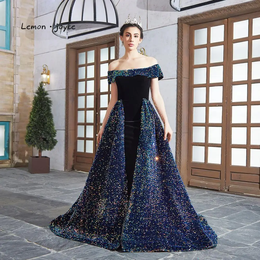 Черные вечерние платья Lemonjoyce с блестками и открытыми плечами со съемным шлейфом