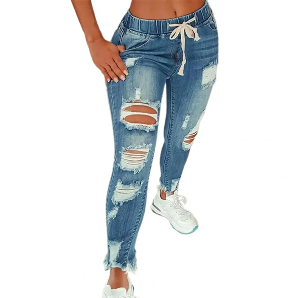 Drawstring Denim Jeans For Women Ripped Hole Stretch Jean Fashion Women Elastic Ladies Plus Size Full Length Pencil Pants