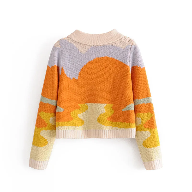 

Women Autumn Vintage French Style Sunshine Print Short Knitted Sweater Chic Lady Fashion Single Breasted Loose Cardigans Femme