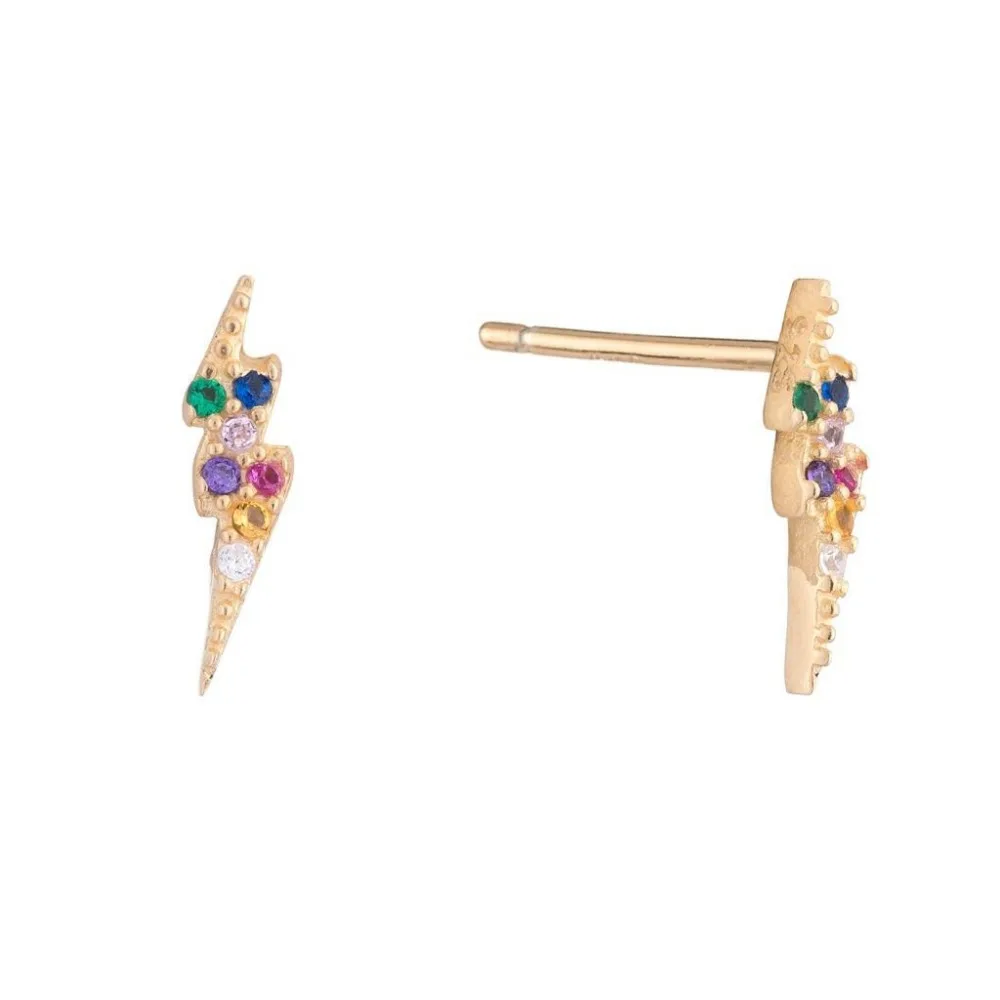 

925 sterling silver lightning stud earring colorful rainbow cz paved minimal delicate danity girl women multi piercing stud 925