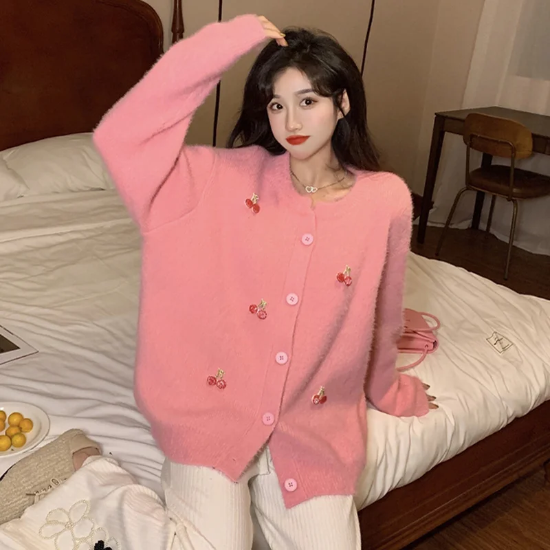 Harajpoo Sweater Woman Pink Knitted Autumn Winter Korean 2021 New Embroidery Loose Lazy Style Long Sleeve Sweet Casual Cardigan |