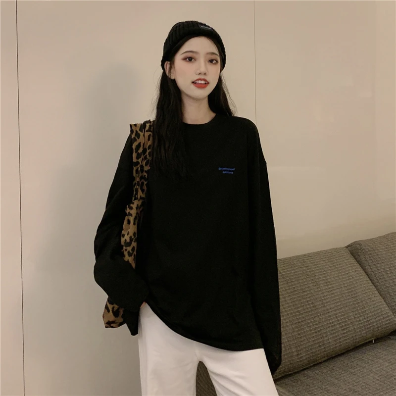 

XZ1474 2021 new Women's loose mid-length BF wind long-sleeved T-shirt top